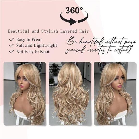 Ombre Platinum Brown Highlight Layered Wavy Wig With Curtain Bangs - Picture 3 of 5